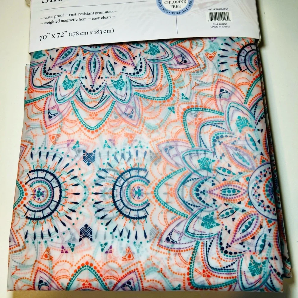 Mandala Peva Shower Curtain Teal, Coral & Navy Metal Grommets Kavala Collection